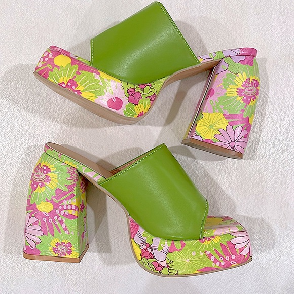 NWT Lime green patent floral platform 5” chunky heel mules no brand all new 7.5 - Picture 11 of 12
